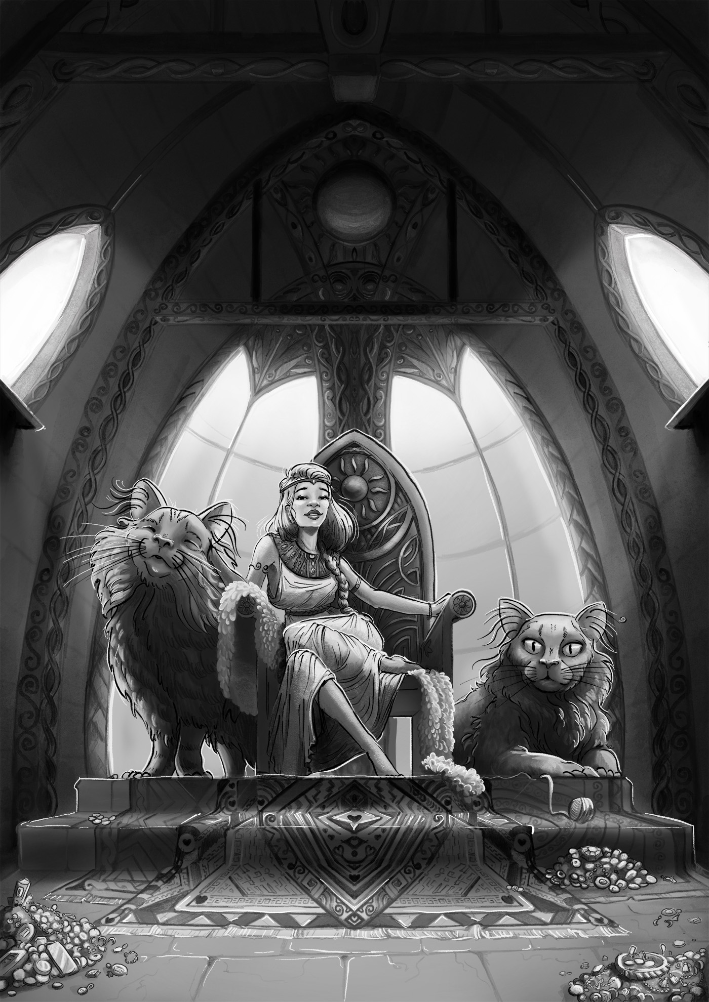 Kinderbuchillustration schwarzweiss Göttin Freya