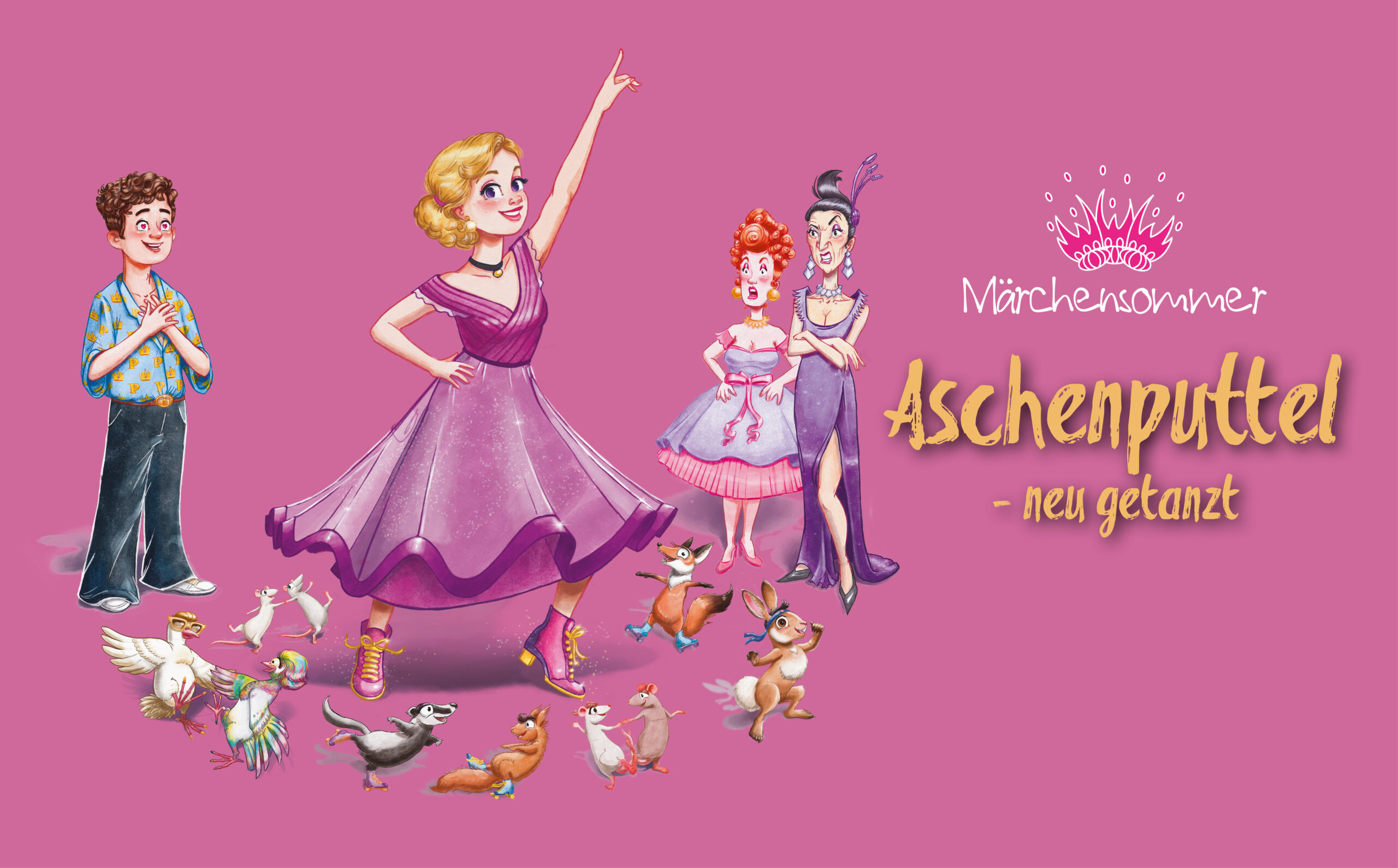 Märchensommer_Asch_AufbereitungWEb_2026 Illustrierte Figuren: Aschenputtel tanzt mit Waldfreunden, der Prinz schaut begeistert zu, Stiefmutter und Schwester beobachten neidisch – rosa Hintergrund, Schriftzug ‚Aschenputtel – neu getanzt‘, Märchensommer 2026 in Poysbrunn für Kinder und Eltern