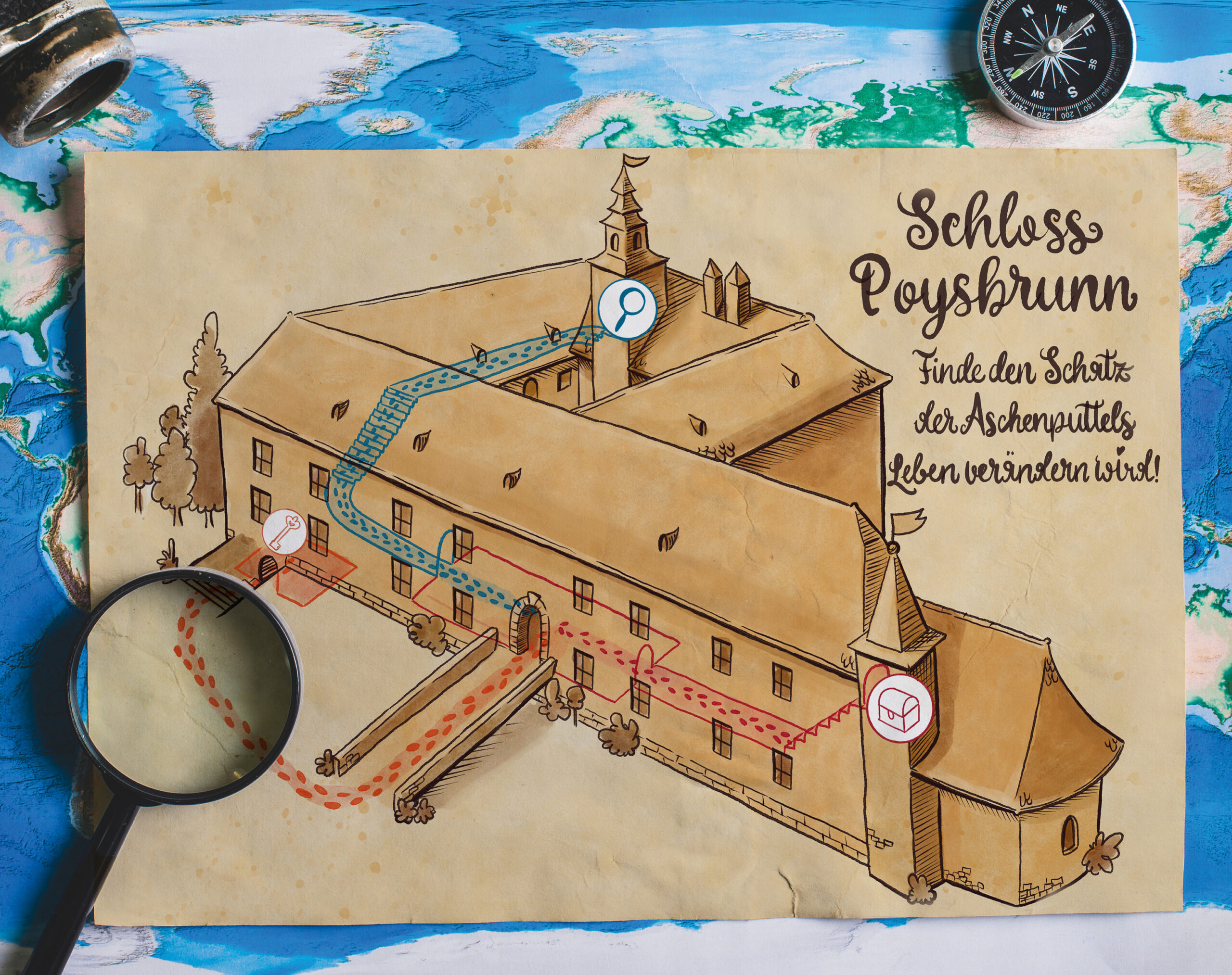 Märchensommer_Asch_AufbereitungWEb_202612 Illustrierte Schatzkarte digitales Aquarell für Märchensommer 2026 Aschneputtel - neu getanzt in Poysbrunn.