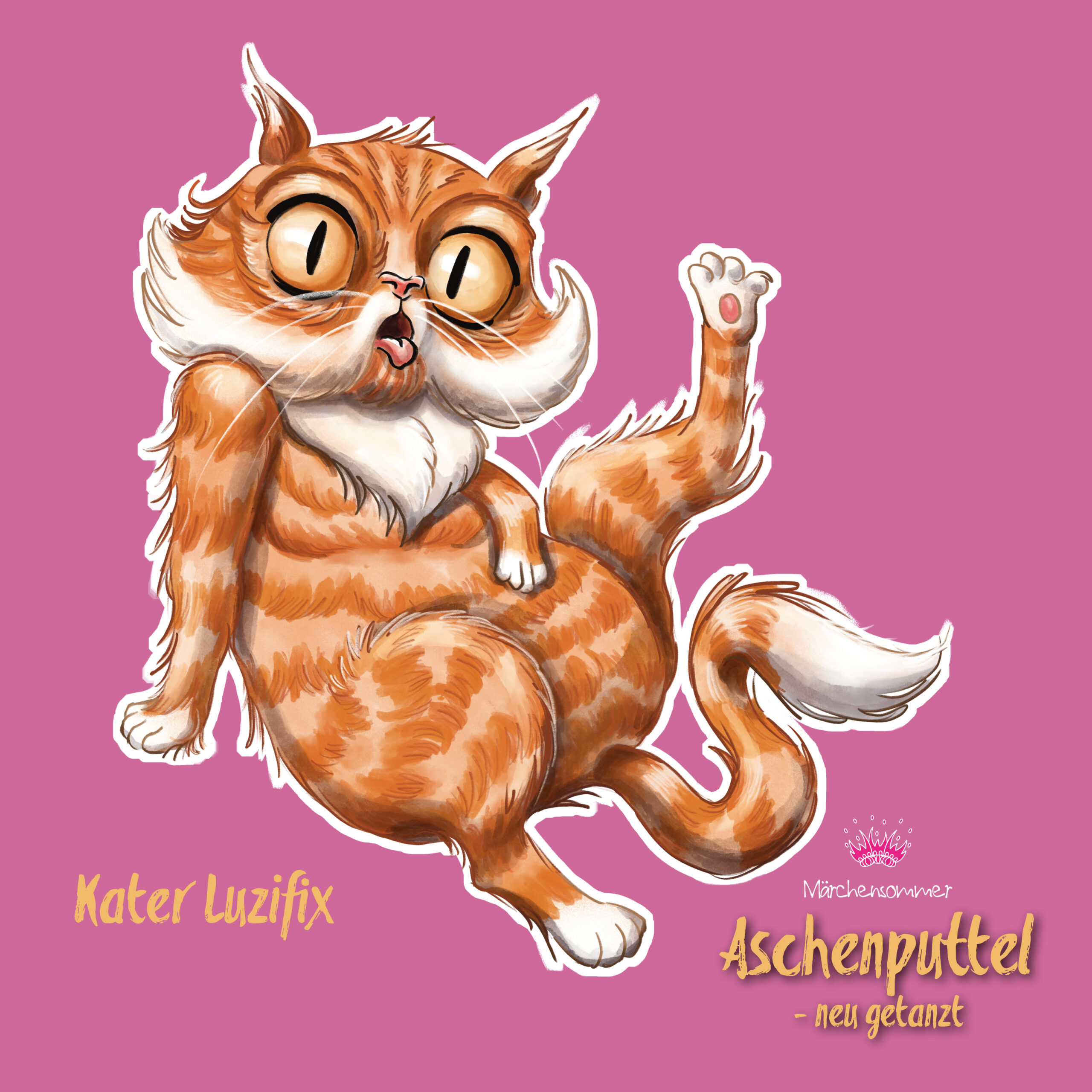 Märchensommer_Asch_AufbereitungWEb_20262 Illustrierte Figur: Kater beim Körper reinigen überrascht, freigestellt auf rosa Hintergrund, digitales Aquarell-Charakterdesign für Märchensommer 2026 Aschneputtel - neu getanzt in Poysbrunn