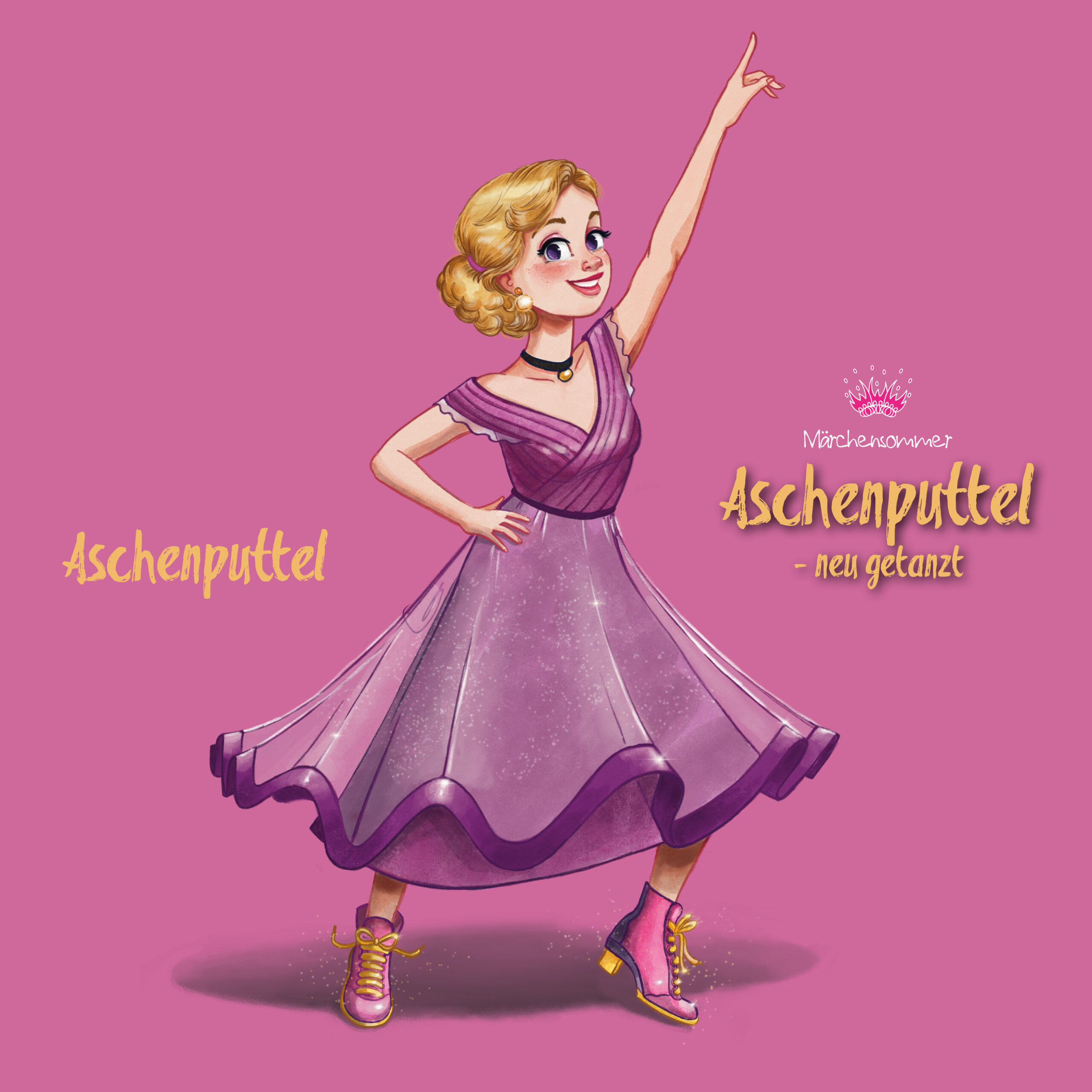 Märchensommer_Asch_AufbereitungWEb_20265 Illustrierte Figur: Tanzende, fröhliche Aschenputtel, freigestellt auf rosa Hintergrund, digitales Aquarell-Charakterdesign für Märchensommer 2026 Aschneputtel - neu getanzt in Poysbrunn