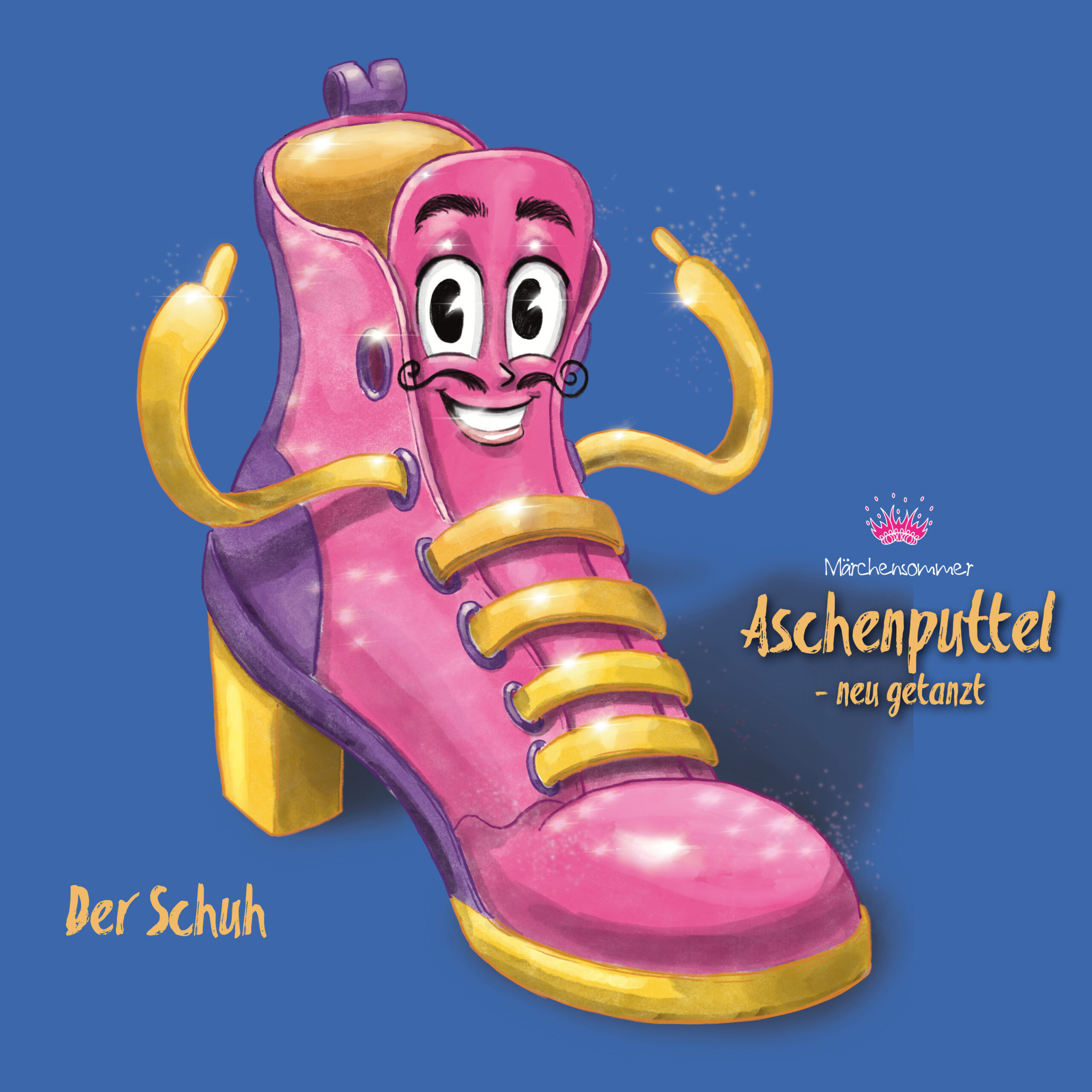 Märchensommer_Asch_AufbereitungWEb_20267 Illustrierte Italienischer Schuh-Charakter, freigestellt auf blauem Hintergrund, digitales Aquarell-Charakterdesign für Märchensommer 2026 Aschneputtel - neu getanzt in Poysbrunn